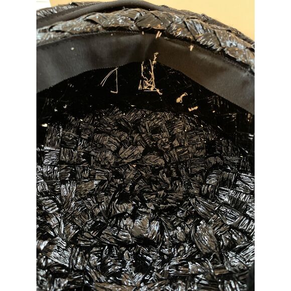 Roller Raffia Hat Black With White Stripe Ribbon Band 1960s MidMod - Picture 8 of 9